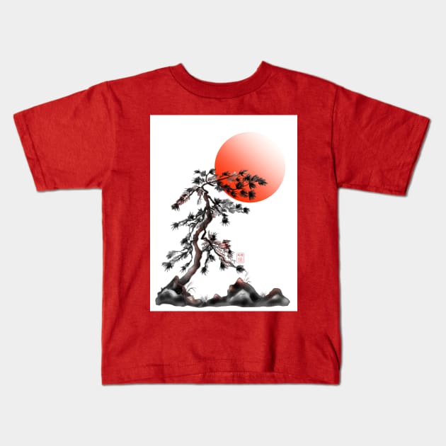 One japanese pine tree with a red rising sun Kids T-Shirt by cuisinecat